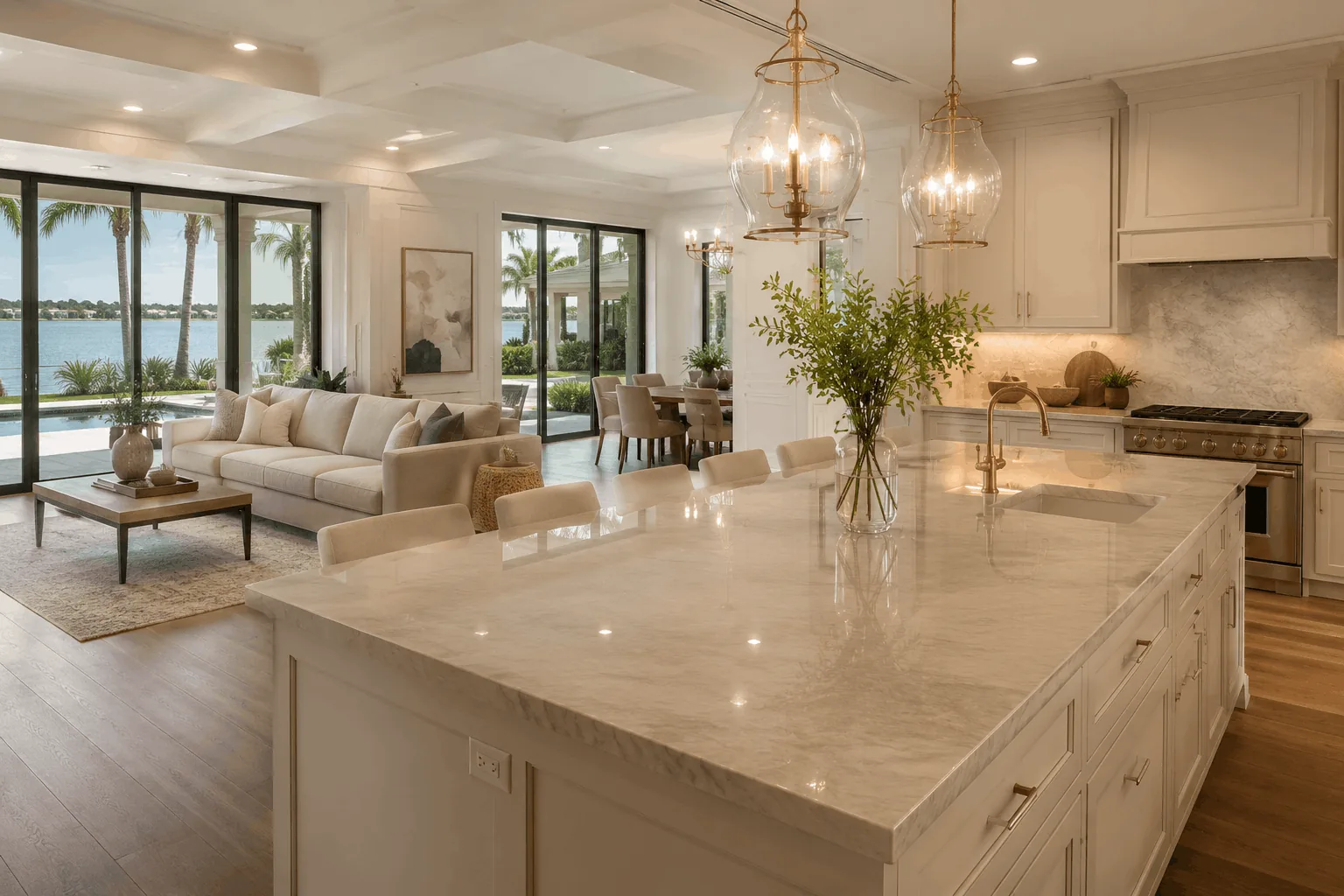 A spotless, sunlit living room with a clean sofa, polished floor, and tidy coffee table.