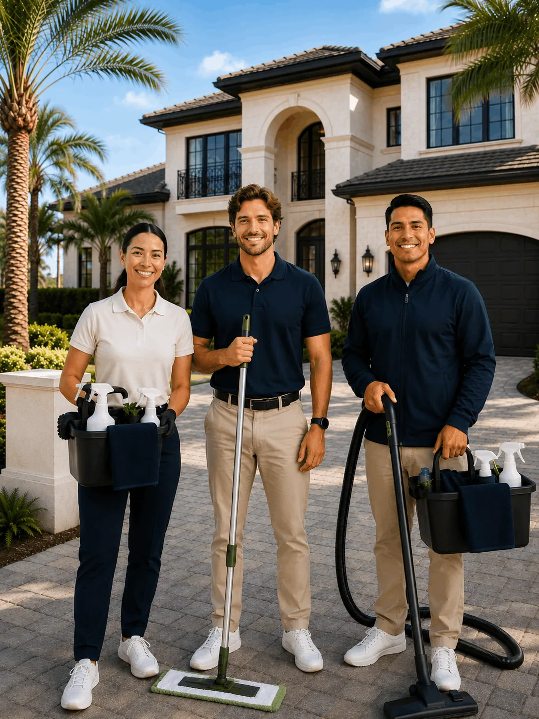 Spotless & Co. professional cleaning team standing in front of a luxury home in Tampa