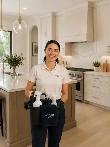 A friendly, professional individual portrait of a cleaning professional (female) wearing a branded Spotless & Co. cream polo shirt.