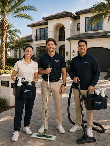 A candid, professional shot of a diverse residential cleaning team for Spotless & Co. wearing branded navy and cream polos in a clean, modern home environment.