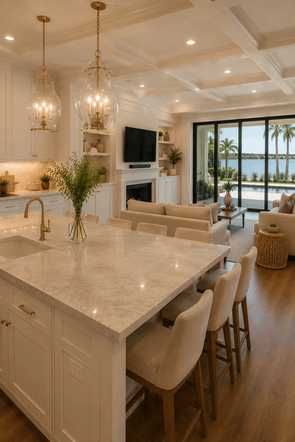 A bright, clean, high-end residential living room in Tampa with natural light streaming through large windows, showcasing a minimal and elegant editorial interior design aesthetic.