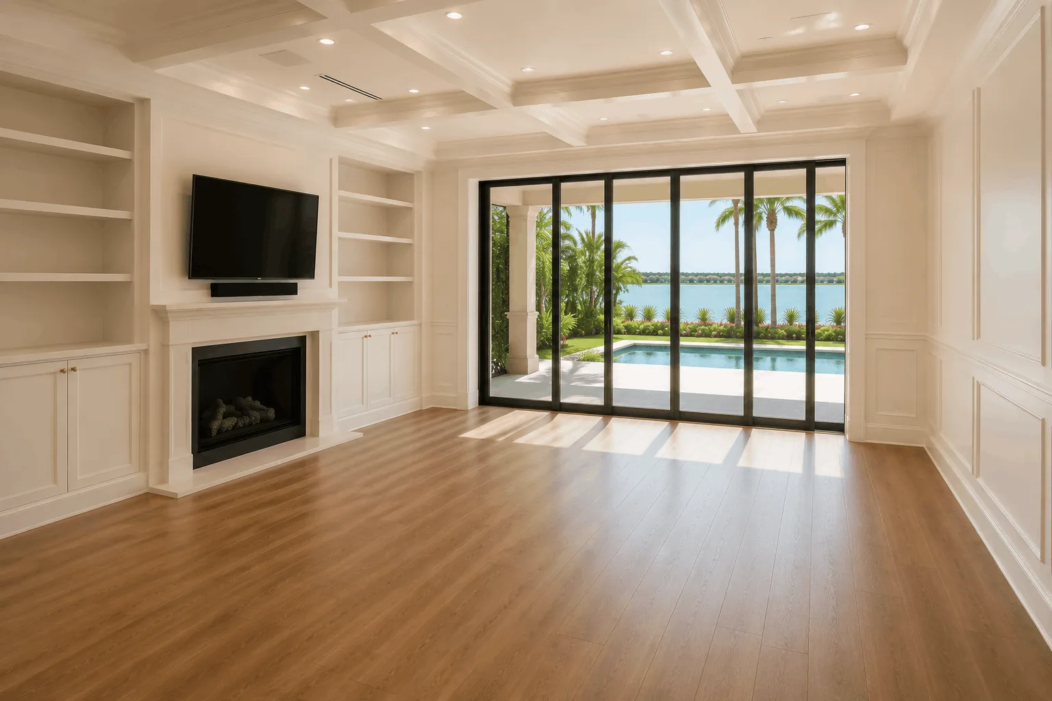 A split image before and after a move-out clean of a spacious living area. Before shows dust bunnies and scuffed wood floors. After shows gleaming, polished wood floors and pristine baseboards in a bright, empty room.
